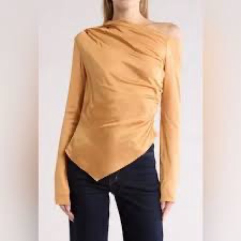 A.L.C. Jamie Draped Asymmetrical Off The Shoulder Top Gold Long Sleeve Top SZ 4